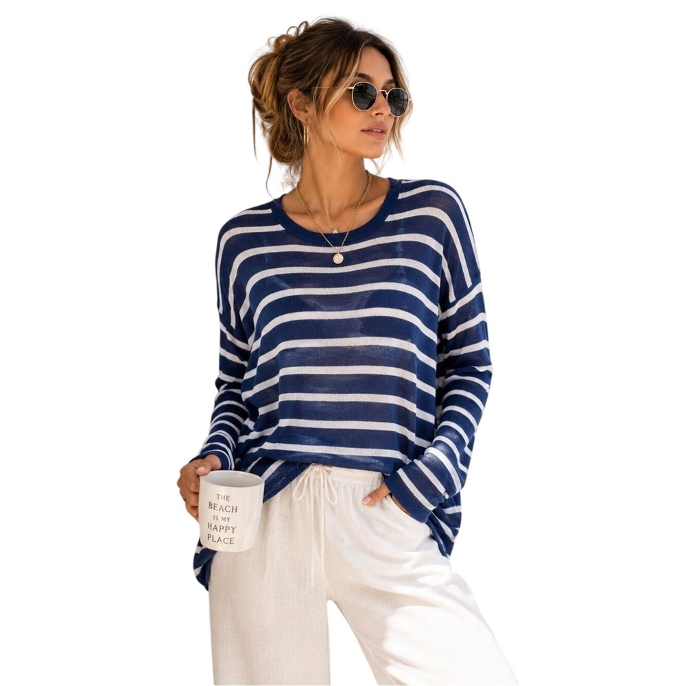 Chaser Blue White Striped Lightweight Sweater Coastal Nautical Pullover M